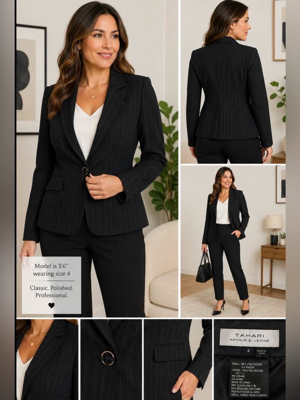 Tahari Black Pinstripe Women's Blazer - Single-Button Professional Jacket
